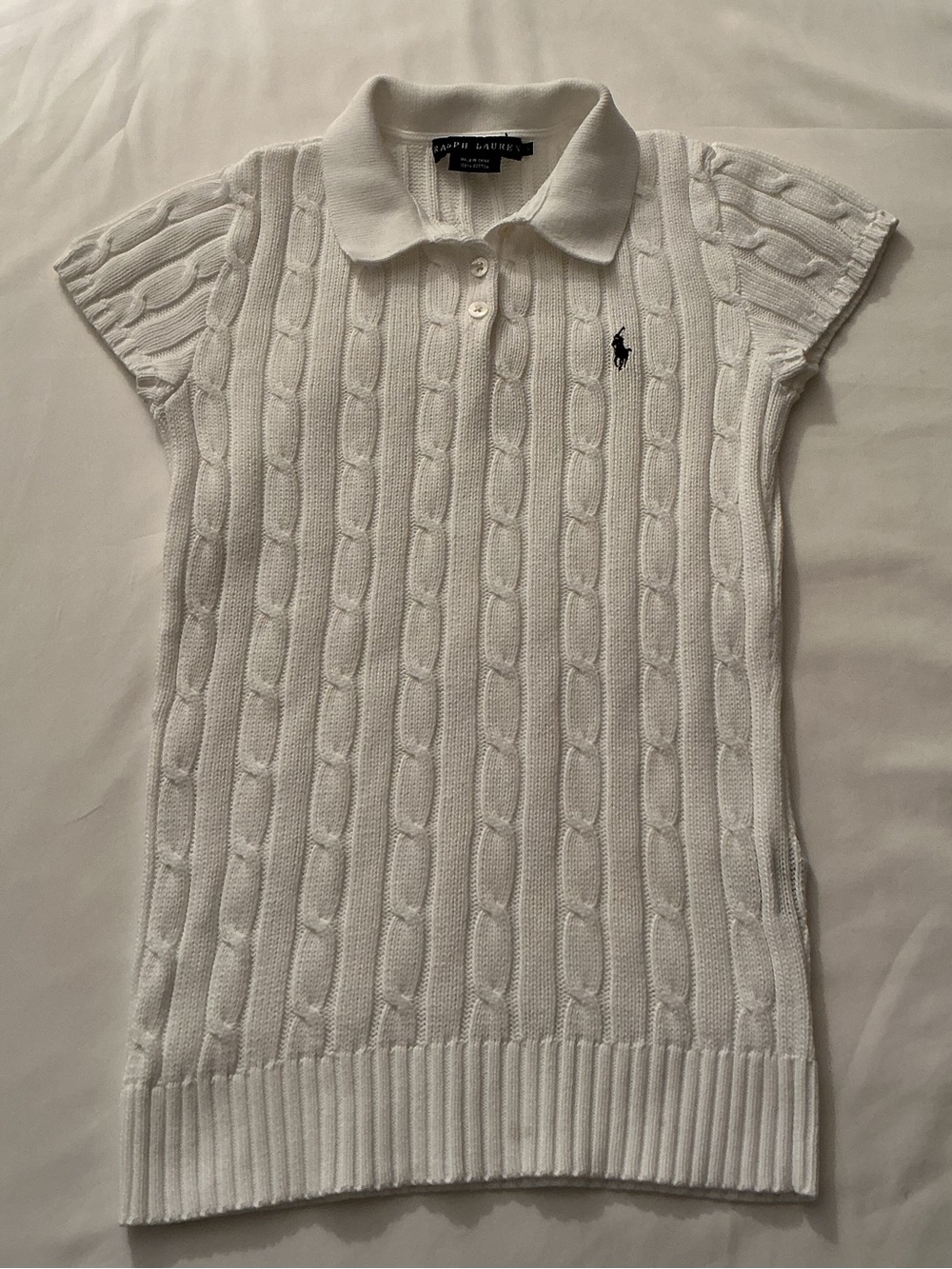 Ralph Lauren White Cable-Knit Short Sleeve Polo Shirt